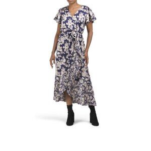 Nicole Miller Floral Satin Wrap Midi Dress  P3414